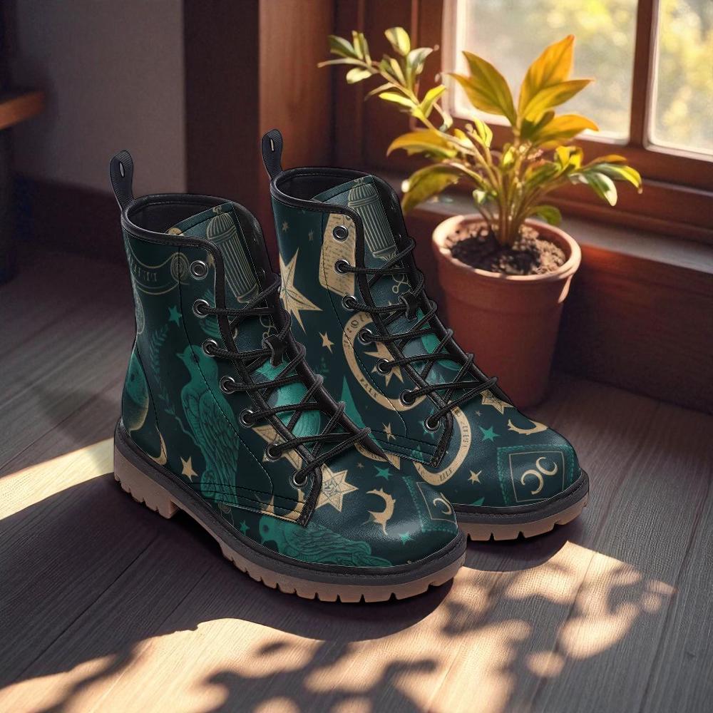 Mystic raven combat boots, enchanted bird lace up shoes, celestial raven footwear, forest night ankle boots, witchy raven festival shoes