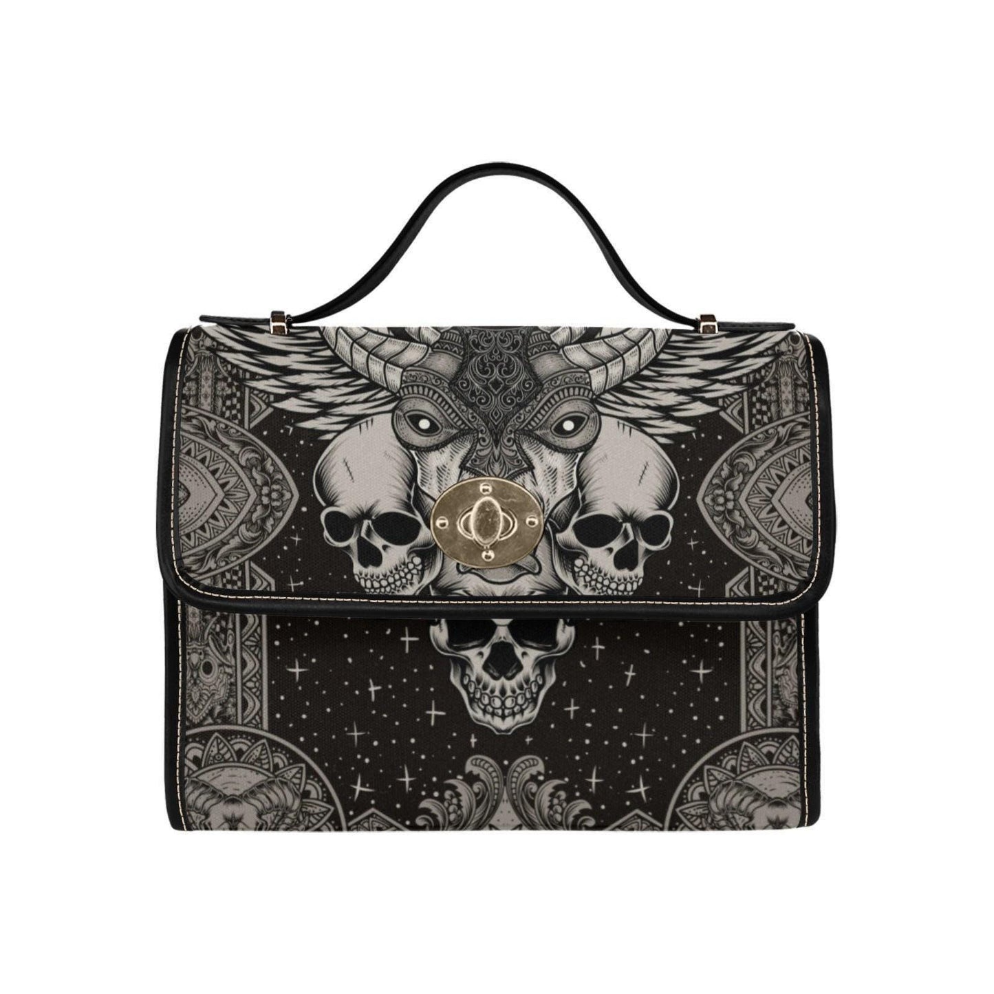 Occult skull shoulder bag, gothic sigil canvas purse, dark mystic crossbody satchel, horned beast aesthetic alt witch gift, esoteric goth