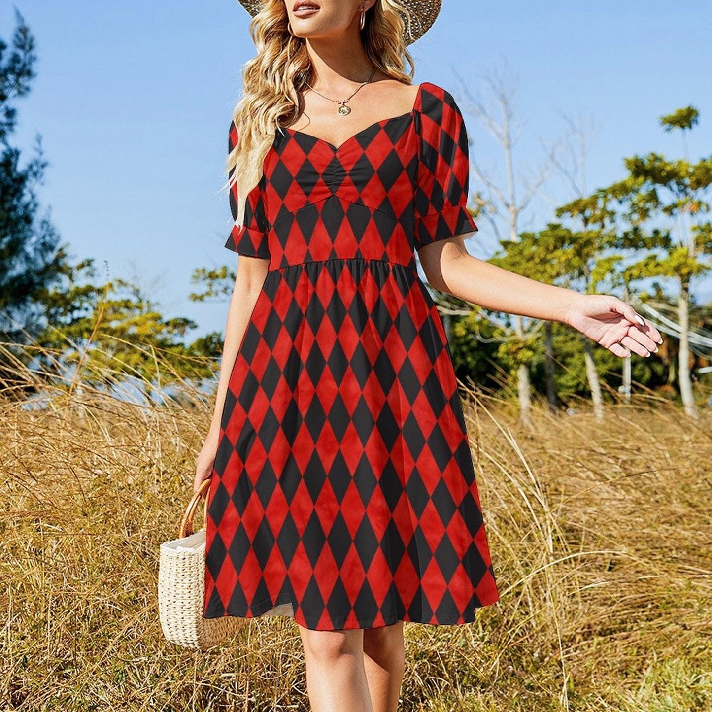 Red harlequin puff sleeve dress, Alice in Wonderland costume, gothic carnival party dress, sweetheart mini fantasy outfit, fairytale style