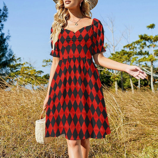Red harlequin puff sleeve dress, Alice in Wonderland costume, gothic carnival party dress, sweetheart mini fantasy outfit, fairytale style