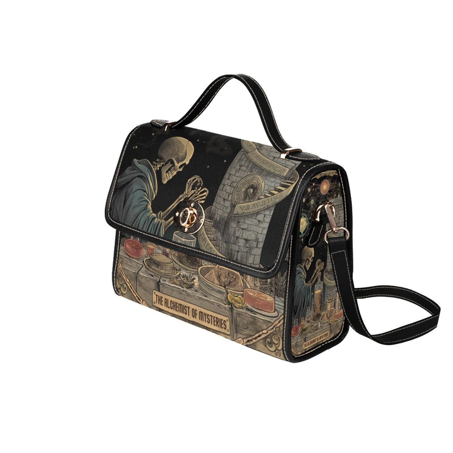 Dark academia skeleton bag, alchemist aesthetic canvas purse, occult goth crossbody satchel, mystical witch scholar gift idea