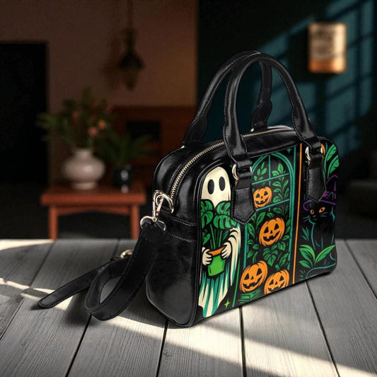 stained glass halloween purse, witchy ghost crossbody bag, retro pumpkin patch satchel, haunted black cat handbag, spooky festival retro bag