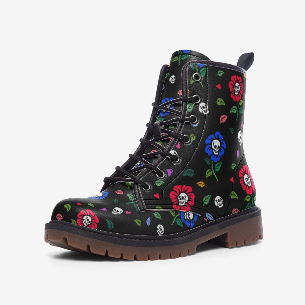 Skull flower print boots, creepy cute festival shoes, dark floral lace ups, punk inspired combat footwear, edgy alternative fashion boots