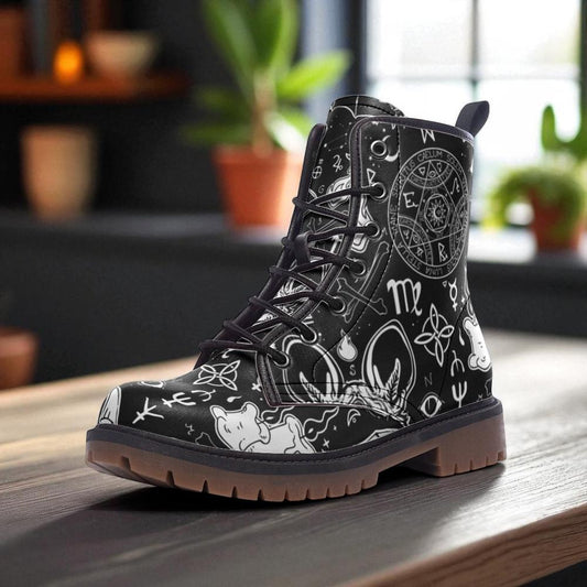 Zodiac circle combat boots, astrology occult lace up shoes, celestial witchy festival footwear, horoscope inspired alternative fashion boots
