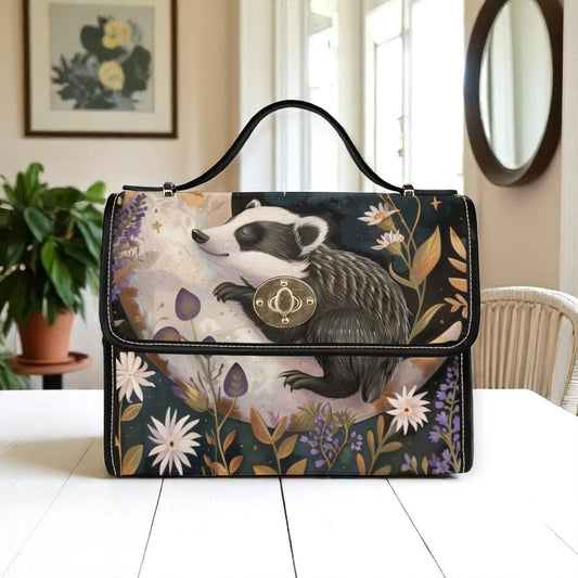 Woodland Badger Shoulder Bag, Forest Animal Purse with Floral Moon Design, Cottagecore Witchy Handbag, Cozy Autumn Satchel Gift for Her