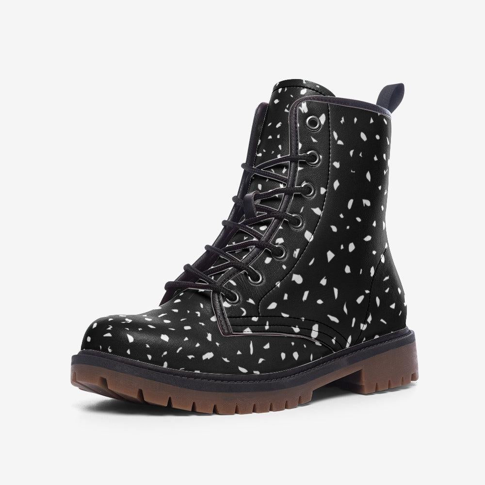 Terrazzo Print Combat Boots, black white festival shoes, witchy streetwear footwear, grunge hiking boots for her, goth winter ankle boots