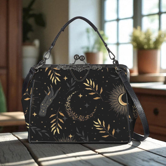Golden Celestial Purse, Moon Stars Evening Bag, Witchy Floral Handbag, Gothic Crossbody Clutch, Occult Night Accessory, Astrology Satchel