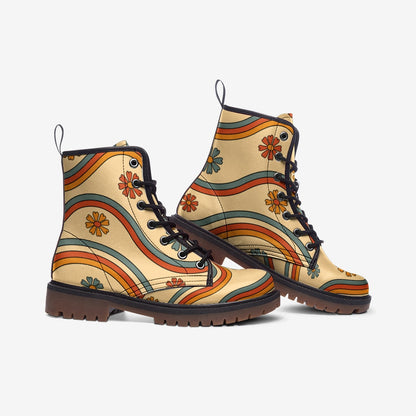 Retro Daisy Combat Boots, Vegan Leather, Rainbow Lace-Up Shoes