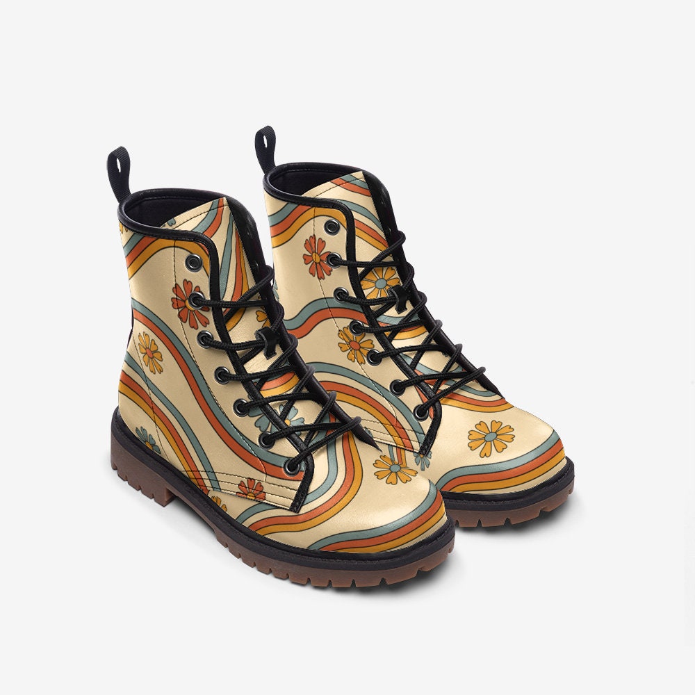 Retro Daisy Combat Boots, Vegan Leather, Rainbow Lace-Up Shoes