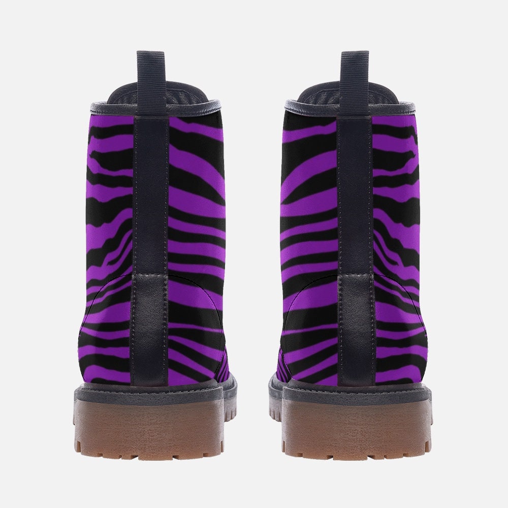 Purple Zebra Combat Boots, Bold Lace Up Platform Boots with Graphic Animal Print