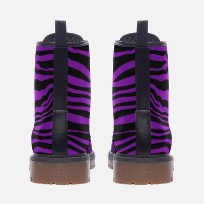 Purple Zebra Combat Boots, Bold Lace Up Platform Boots with Graphic Animal Print