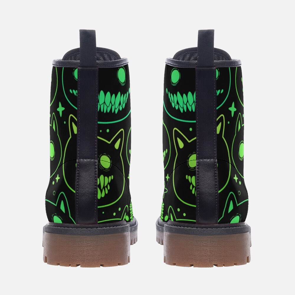 Neon Cat Combat Boots, Rave Festival Cyber Lace-Up Shoes, Glow Dark Alternative Footwear
