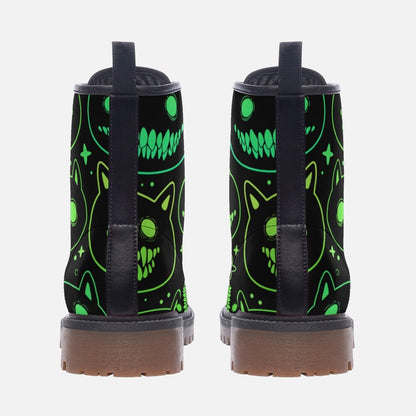 Neon Cat Combat Boots, Rave Festival Cyber Lace-Up Shoes, Glow Dark Alternative Footwear
