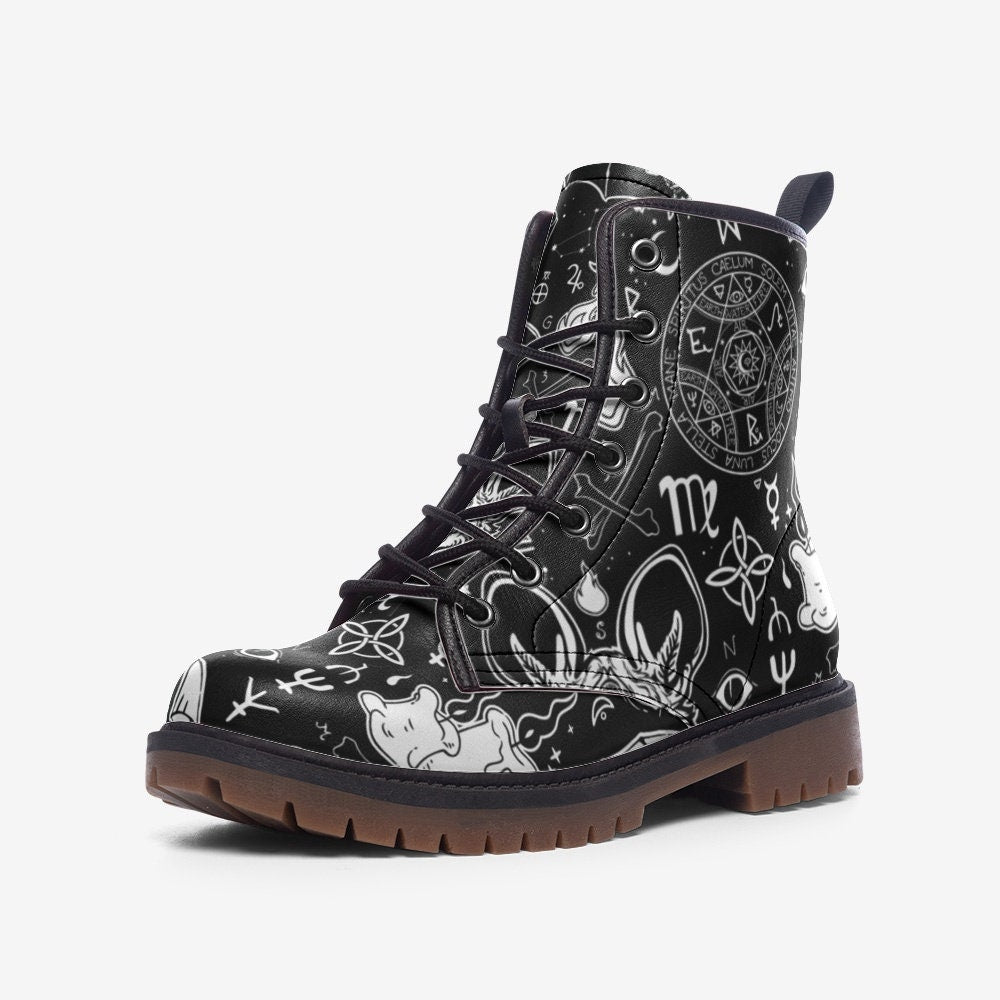 Occult Goth Boots Black Zodiac Lace Up Witchcore Tarot Style Ankle Footwear