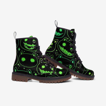 Neon Cat Combat Boots, Rave Festival Cyber Lace-Up Shoes, Glow Dark Alternative Footwear