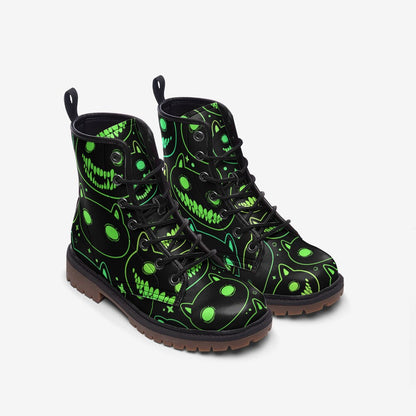 Neon Cat Combat Boots, Rave Festival Cyber Lace-Up Shoes, Glow Dark Alternative Footwear