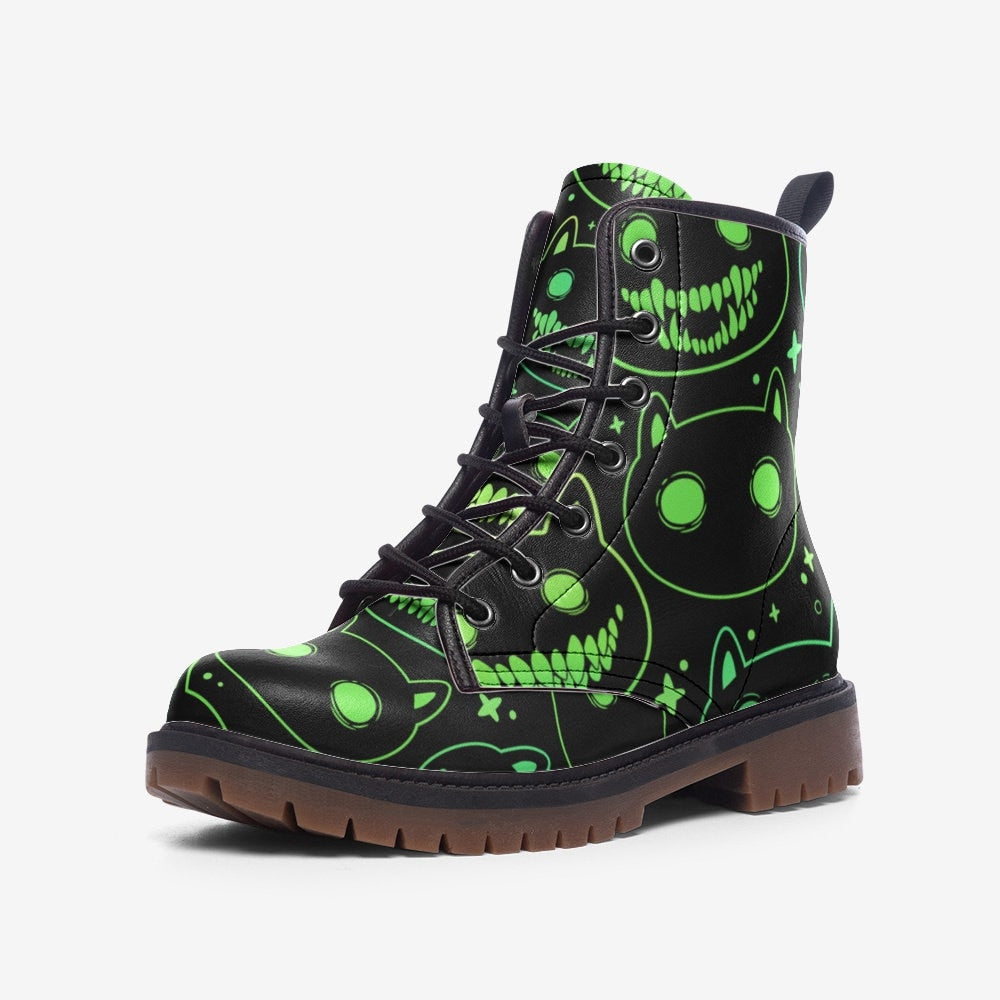 Neon Cat Combat Boots, Rave Festival Cyber Lace-Up Shoes, Glow Dark Alternative Footwear