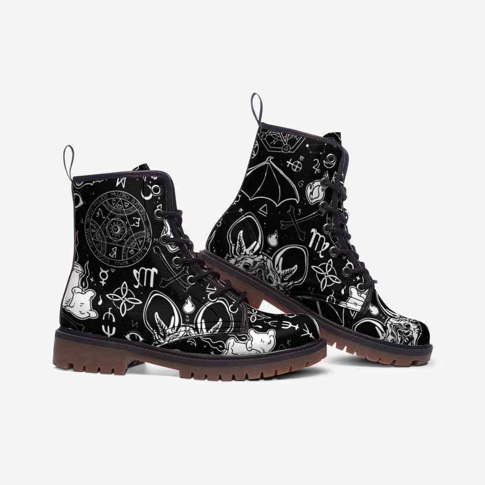 Occult Goth Boots Black Zodiac Lace Up Witchcore Tarot Style Ankle Footwear