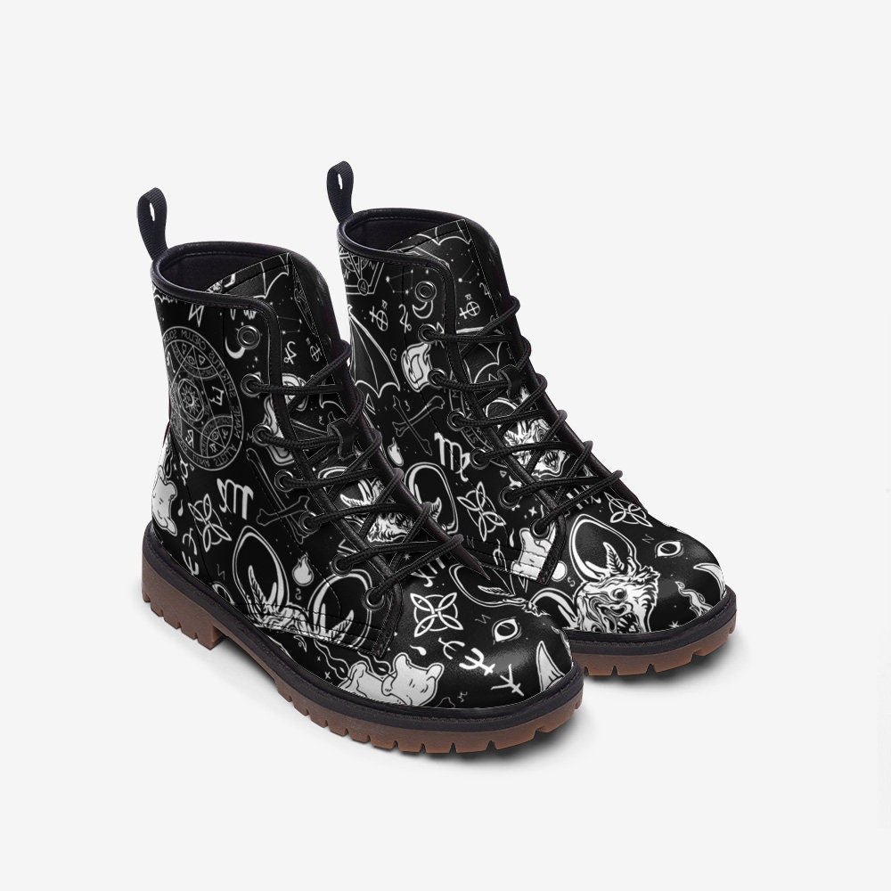 Occult Goth Boots Black Zodiac Lace Up Witchcore Tarot Style Ankle Footwear