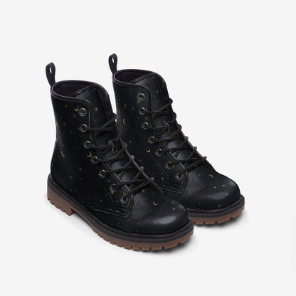 Gold Stars Moon Vegan Leather Combat Boots Witchcore Clubwear Gothic Punk Footwear