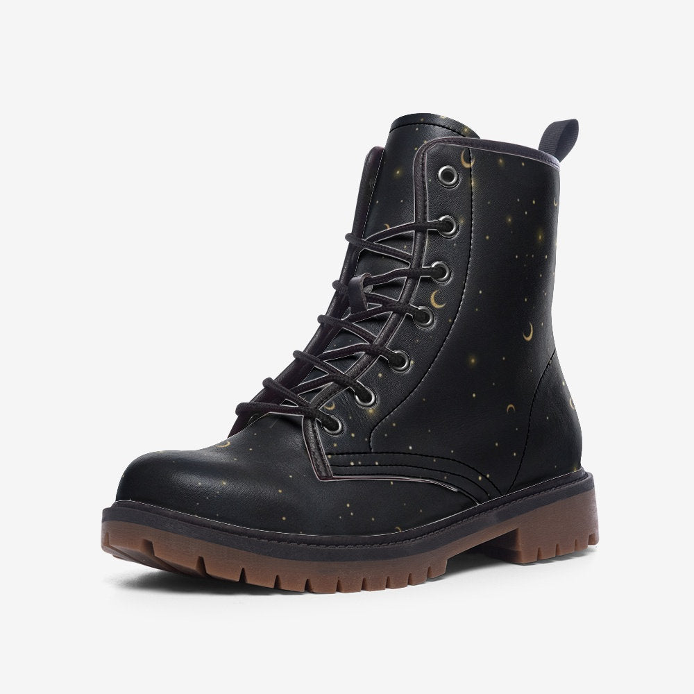 Gold Stars Moon Vegan Leather Combat Boots Witchcore Clubwear Gothic Punk Footwear