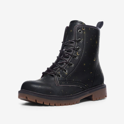 Gold Stars Moon Vegan Leather Combat Boots Witchcore Clubwear Gothic Punk Footwear