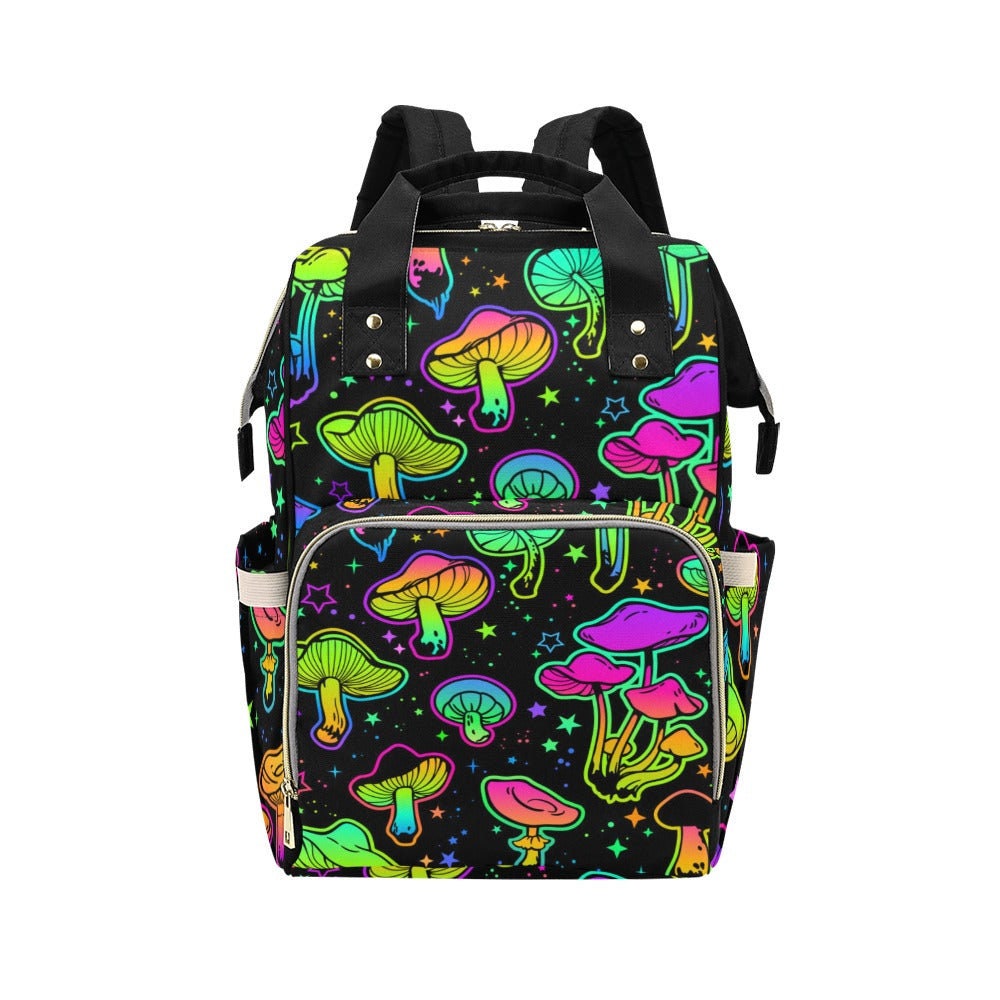 Neon Mushroom Diaper Backpack, Psychedelic Baby Bag with Colorful Trippy Print