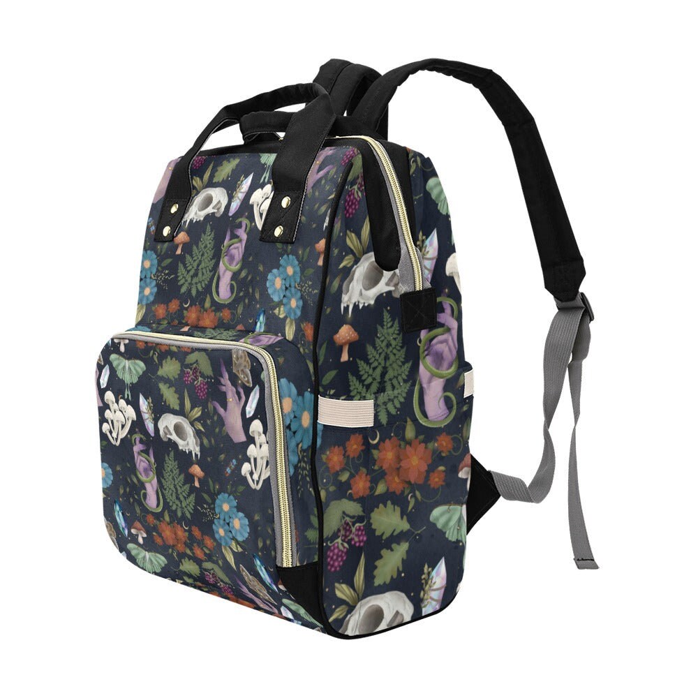 Occult Botanical Backpack, Witchy Forest Diaper Bag, Gothic Fairycore Gear, Mystical Skull Organizer, Dark Cottagecore Accessory, Alt Bag