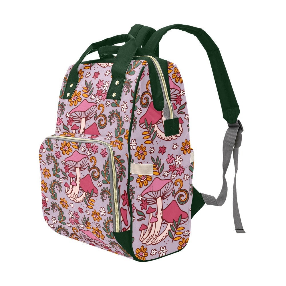 Pink mushroom floral backpack, retro flower baby diaper bag, cute whimsical mom tote,fairycore toddler backpack,cottagecore witchy gift idea