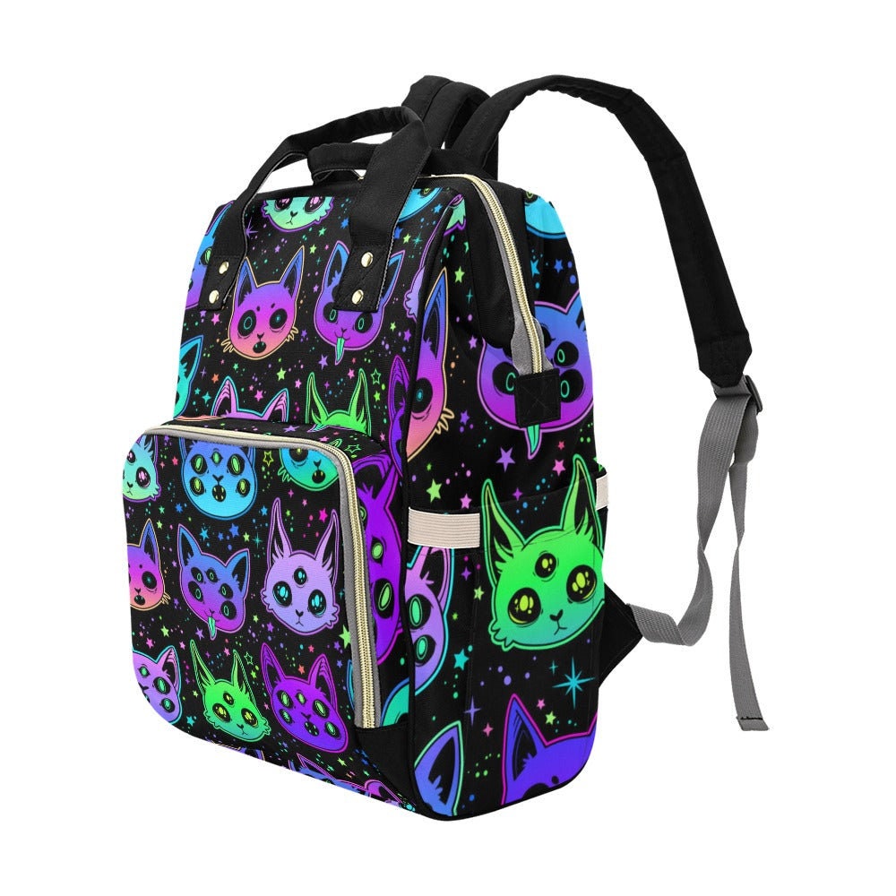 Neon Cat Diaper Backpack, Kawaii Goth Bag, Spooky Cute Organizer, Witchy Mom Gift, Alternative Baby Gear, Gothic Cat Lover,Pastel Goth Style