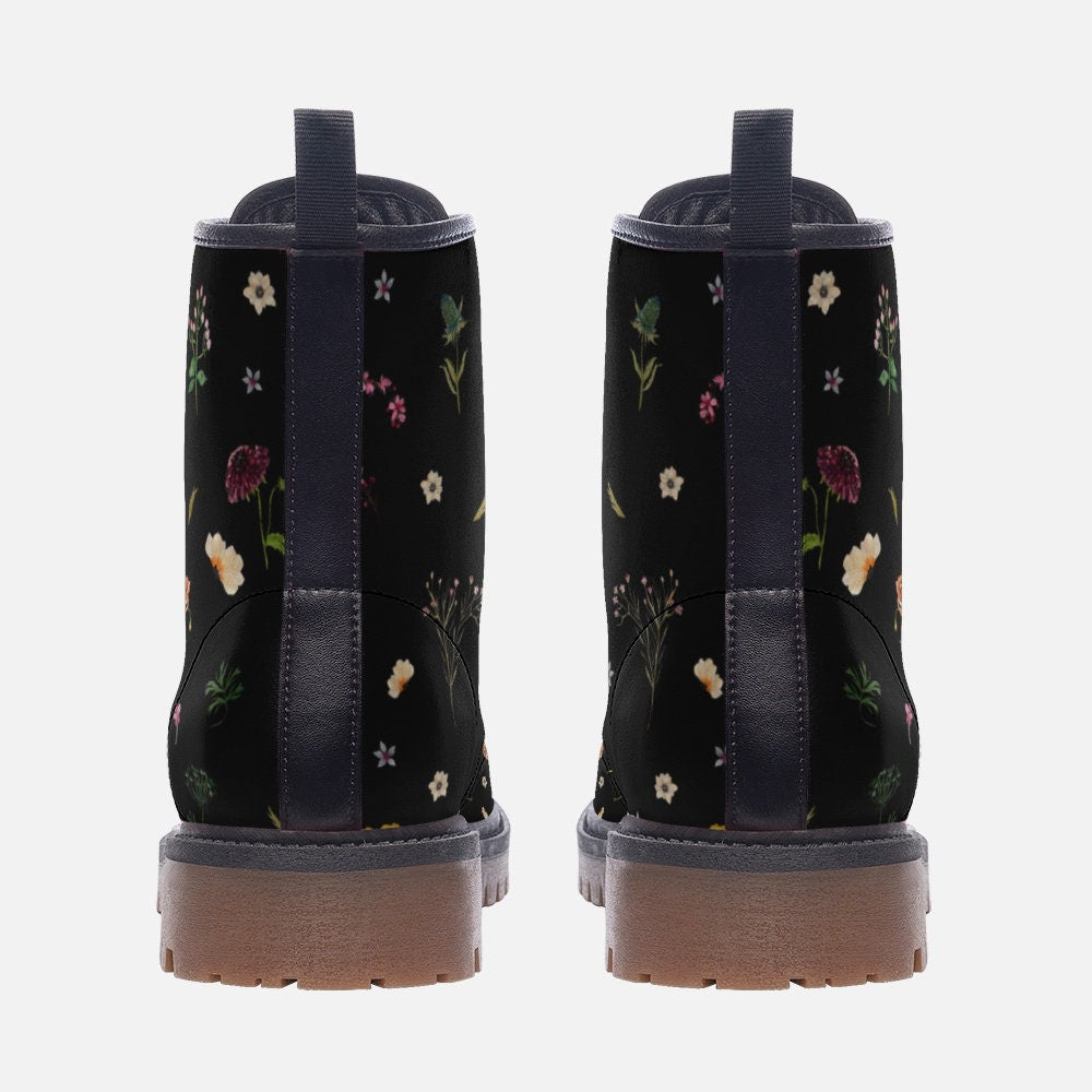 Dark floral combat boots, vegan leather lace-up platform boots, vintage wildflower print, cottagecore style