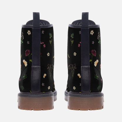 Dark floral combat boots, vegan leather lace-up platform boots, vintage wildflower print, cottagecore style