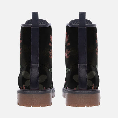 Dark Floral Combat Boots, Gothic Lace-Up Punk Ankle Footwear