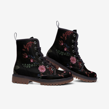 Dark Floral Combat Boots, Gothic Lace-Up Punk Ankle Footwear