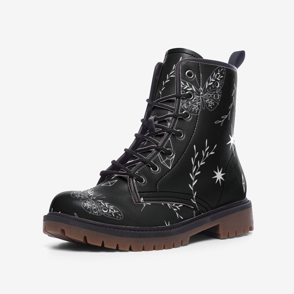 Celestial butterfly boots, black lace up shoes, witchy festival footwear