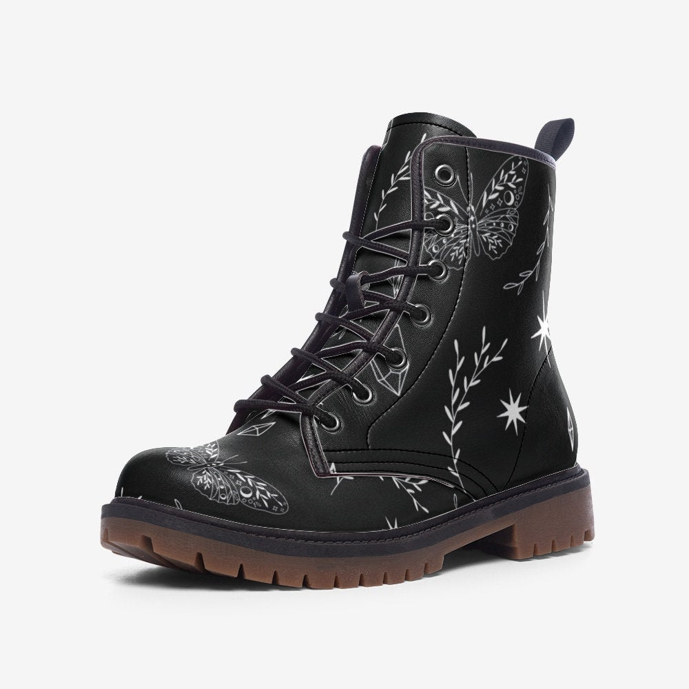 Celestial butterfly boots, black lace up shoes, witchy festival footwear
