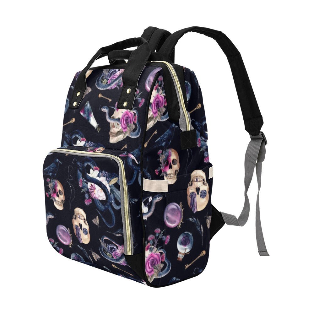 Occult Skull Backpack, Witchy Apothecary Bag, Gothic Diaper Organizer, Dark Fairycore Mom Gear, Mystical Potion Accessory, Vintage Skull Bag