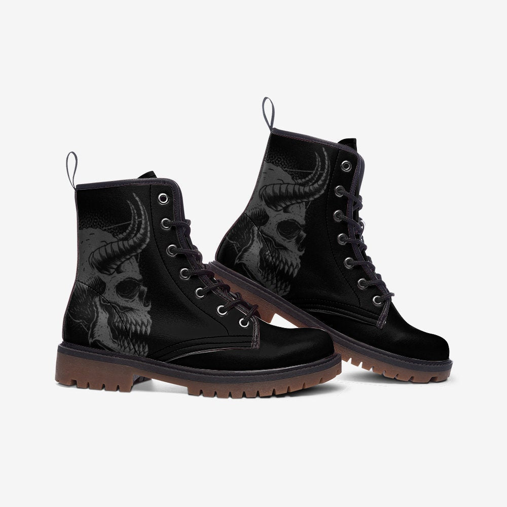 Gothic Skull Vegan Leather Combat Boots - Unisex Goth Lace-Up Ankle Boots