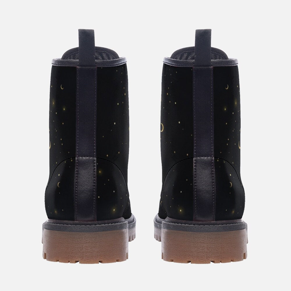 Gold Stars Moon Vegan Leather Combat Boots Witchcore Clubwear Gothic Punk Footwear