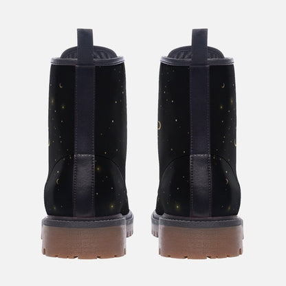 Gold Stars Moon Vegan Leather Combat Boots Witchcore Clubwear Gothic Punk Footwear