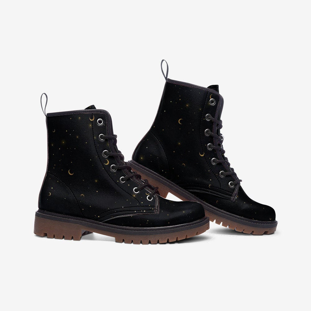 Gold Stars Moon Vegan Leather Combat Boots Witchcore Clubwear Gothic Punk Footwear