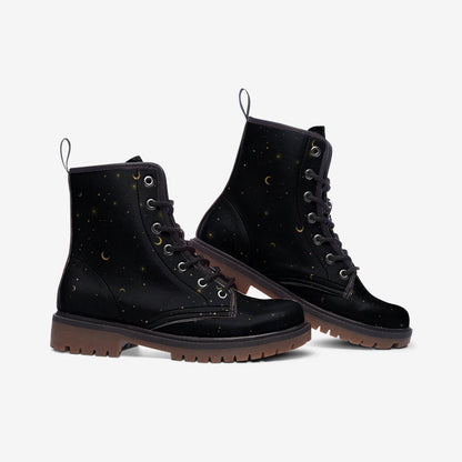 Gold Stars Moon Vegan Leather Combat Boots Witchcore Clubwear Gothic Punk Footwear