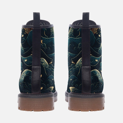 Celestial Ocean Wave Boots, Mystical Sea Combat Shoes, Witchy Festival Style