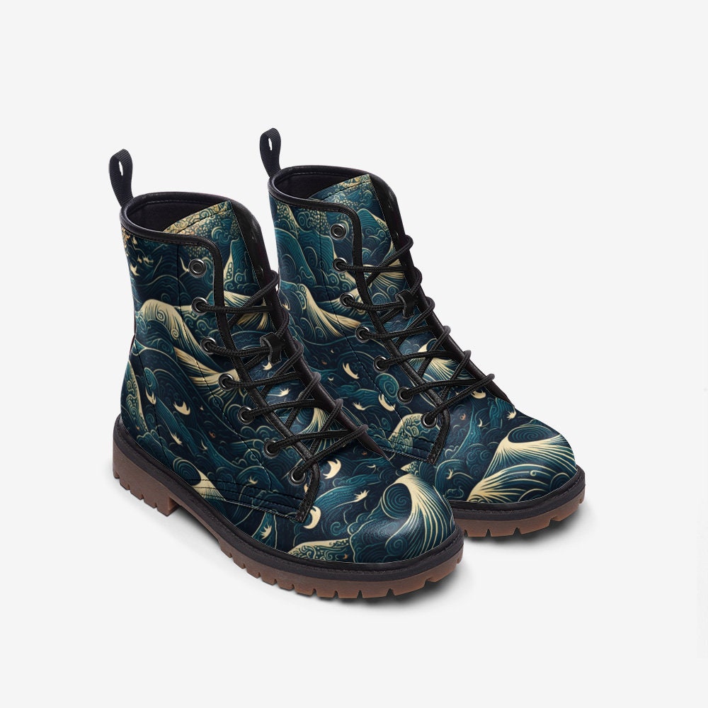 Celestial Ocean Wave Boots, Mystical Sea Combat Shoes, Witchy Festival Style