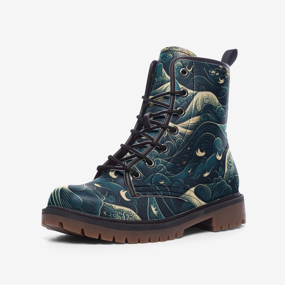 Celestial Ocean Wave Boots, Mystical Sea Combat Shoes, Witchy Festival Style
