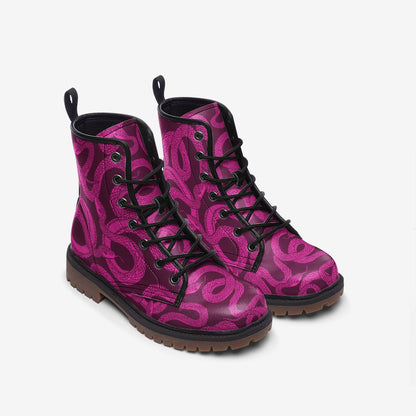 Magenta Snake Combat Boots, Witchy Punk Lace Up Shoes, Grunge Festival Footwear