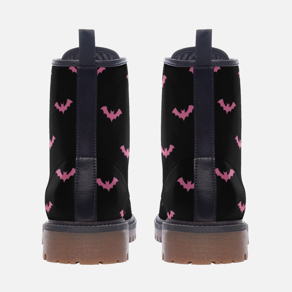 Pink bat combat boots, spooky lace up festival shoes, witchy vibe
