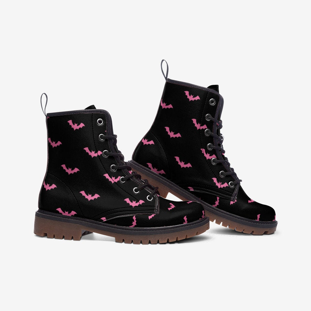 Pink bat combat boots, spooky lace up festival shoes, witchy vibe
