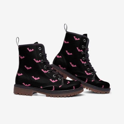 Pink bat combat boots, spooky lace up festival shoes, witchy vibe