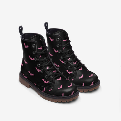 Pink bat combat boots, spooky lace up festival shoes, witchy vibe